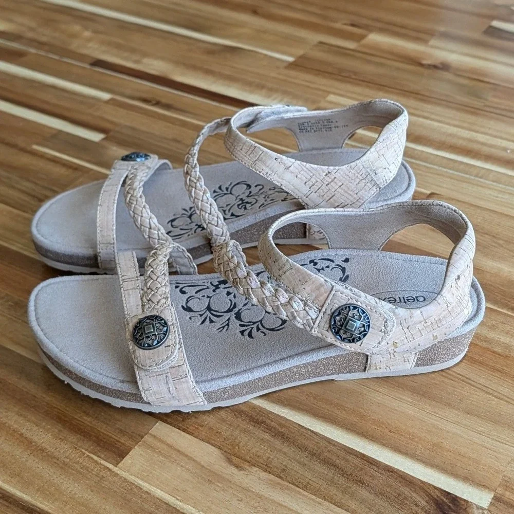 Aetrex Jillian Cork Wedge Sandals L Braided Straps Orthotic Comfort Size 8.5 NEW